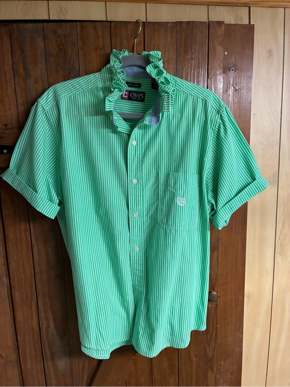 Chaps Green and White Striped Short-Sleeve Button-Down Shirt
